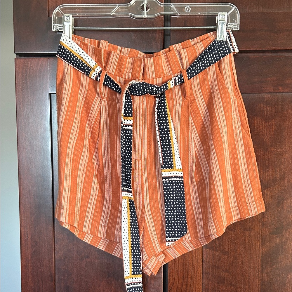 Hem & Thread Orange Striped High Waist Shorts with Belt